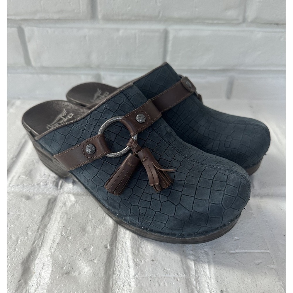 Dansko Womens Shandi Blue Croc Embossed Leather Clogs Tassels 38 Flaw Read